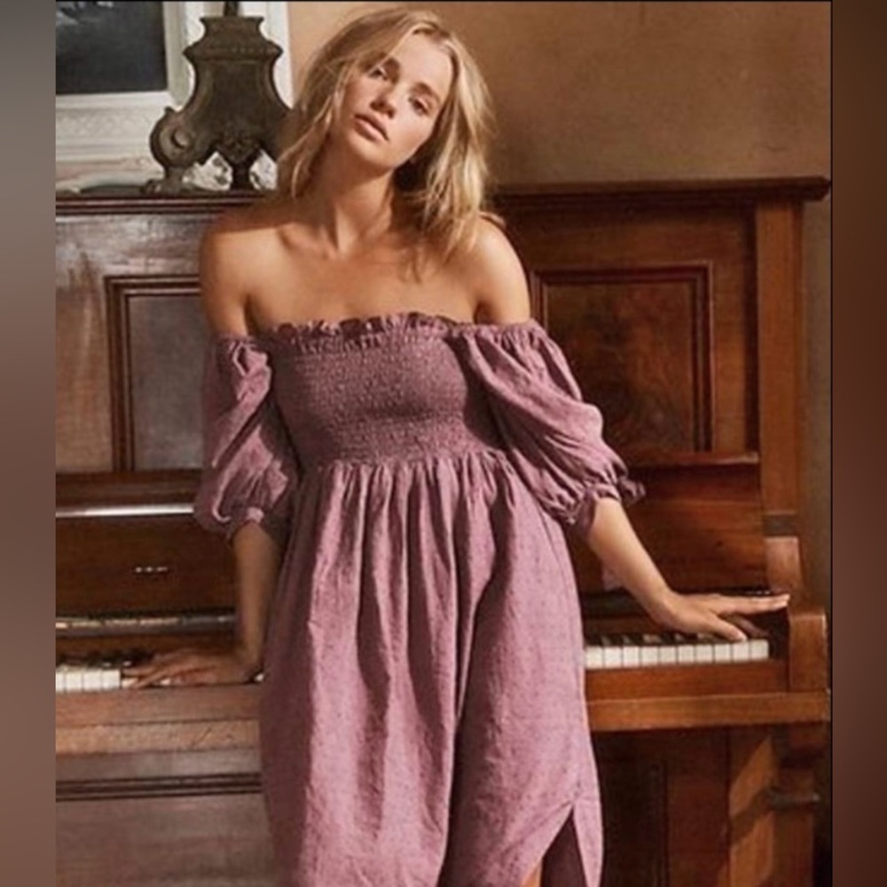OPIA | Smocked Midi Dress Puff Sleeve Mauve Size XS